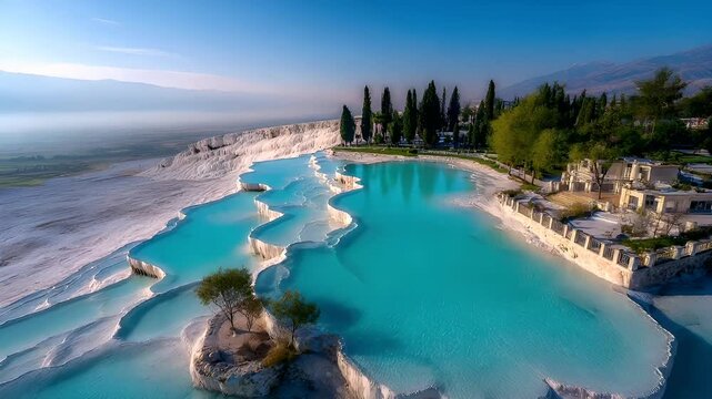 Geothermal hot springs resort, spa, bath pool, winter relaxation vacation theme. An aerial view of Pamukkale Travertine Terraces in Turkey, with its turquoise waters, lush green trees.