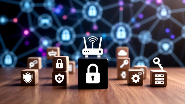 Digital security concept illustrated with various icons on blocks and a central WiFi router.
