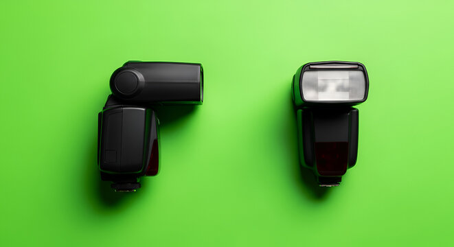 Two Black Electronic Camera Flashes Arranged on a Vibrant Green Seamless Background with One Flash Lit Up Showing its Internal Components and the