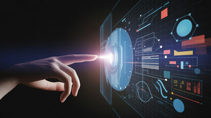 Human hand touching a glowing futuristic digital interface displaying complex data visualizations and UI elements symbolizing innovation and advanced technology concepts