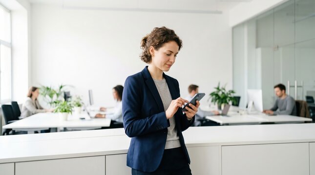 Businesswoman standing in open office using smartphone with coworkers in background