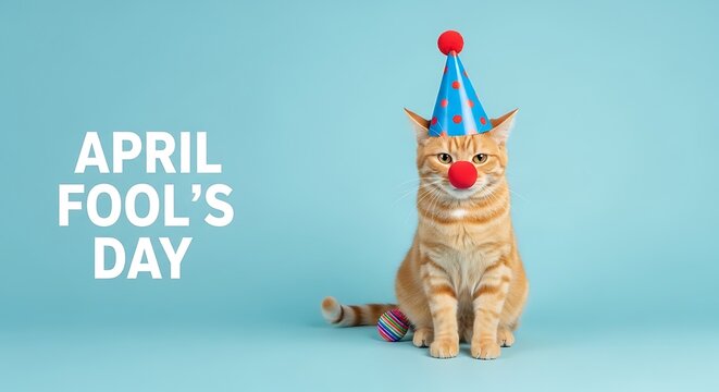 April fools day funny cat prankster wearing party hat and red nose