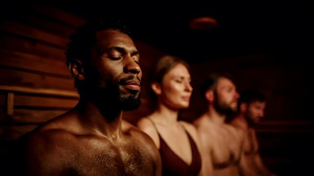 Therapy stress release treatment, health lifestyle. A group of people in a sauna, illuminated by a warm, ambient light. The man in the foreground has his eyes closed, seemingly lost in thought.