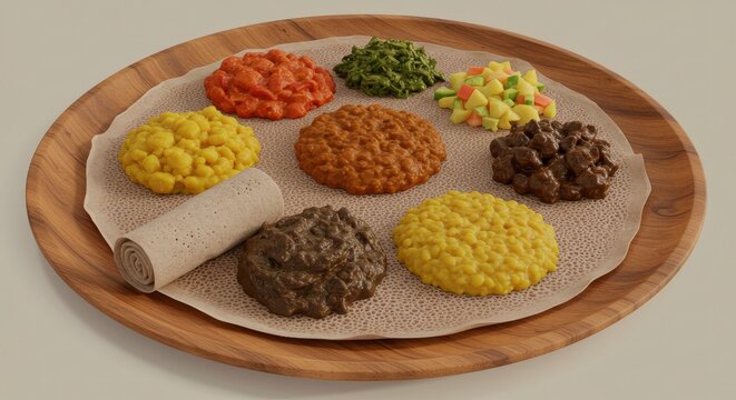 Traditional Ethiopian Food Platter with Injera and Doro Wat