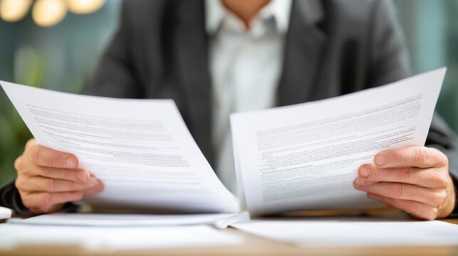 Insurance underwriter reviewing policy documents on blurred background