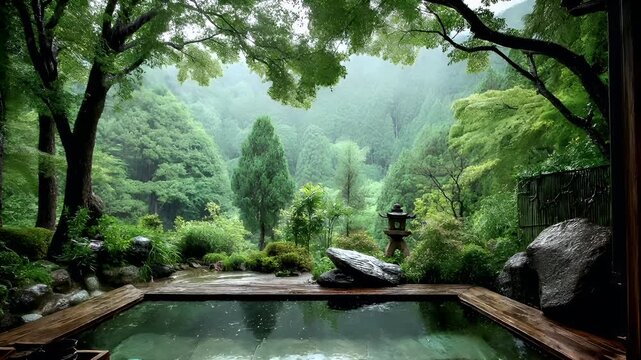 Geothermal hot springs resort, spa, bath pool, winter relaxation vacation theme. A tranquil Japanese garden with a wooden deck overlooking a tranquil pond surrounded by lush greenery, including trees.