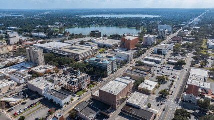 Aerial view of historic downtown Lakeland, Florida, USA.