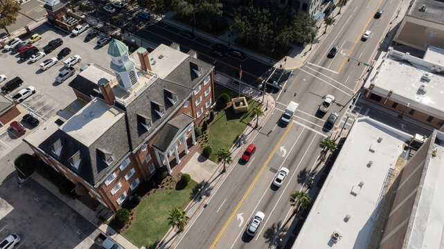 Aerial view of historic downtown Lakeland, Florida, USA.