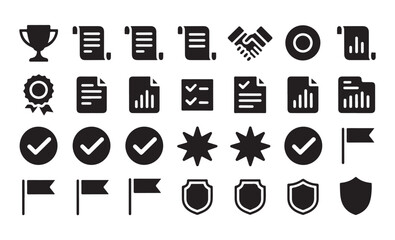 Business and success icon set. collection of document, award, and flag glyph style symbols