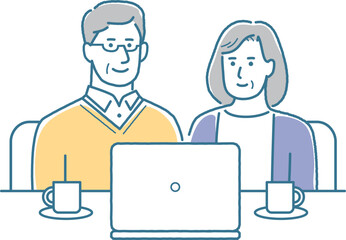 Fototapeta premium 高齢夫婦がパソコンを見ているイラスト