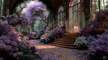 Naklejka premium Spring season, garden, flower, fresh, life. A grand, fantasythemed room filled with lush, purple flowers, cascading petals on the floor, and tall trees in the background.