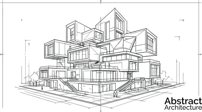 Avant-garde architectural sketch of a deconstructivist modular complex featuring dramatic cantilevered volumes, external staircases, and technical perspective guidelines.