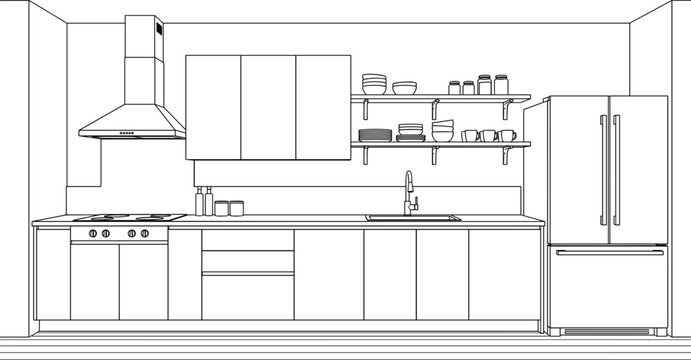 Clean technical elevation of a modern kitchen featuring a side-by-side refrigerator, flat-panel cabinetry, open shelving, and a chimney range hood.