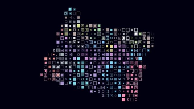 Oregon animated shape. Pulsating colored dots on the map of the state. Large size square blocks. Digital style Oregon map on dark background. Simple animation video.