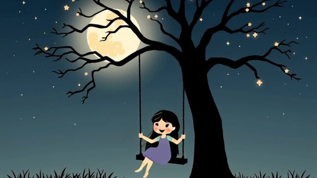 A girl gently sways on a swing, leaves rustling from branches above, moonbeams softly shifting