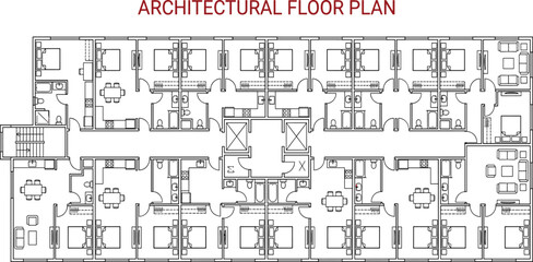 Fototapeta premium Detailed multi unit apartment building floor plan architectural drawing with central corridor 