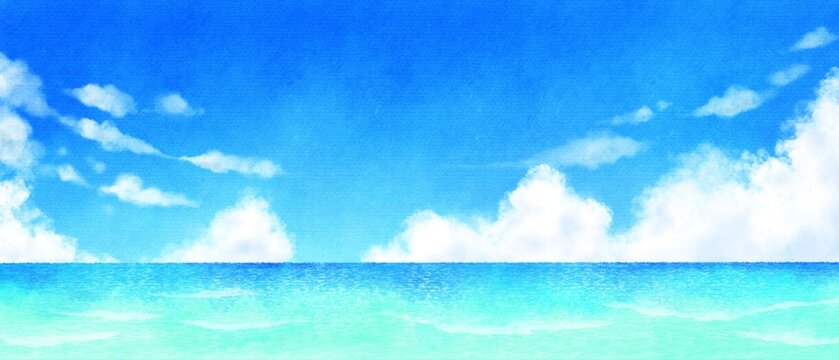 美しく爽やかな夏の海と空の風景　水彩イラスト