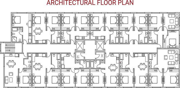 Detailed multi unit apartment building floor plan architectural drawing with central corridor 