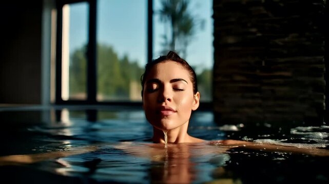 Therapy stress release treatment, health lifestyle. A woman in a pool with her eyes closed, surrounded by a blurred background of trees and a wall, suggesting a tranquil setting.