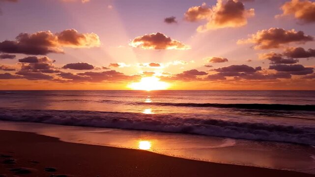 Golden sunbeams pierce through clouds over a tranquil ocean at dawn