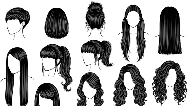 Extensive collection of diverse female hairstyles presented in detailed black and white illustrations, perfect for fashion, beauty, and salon design concepts, showcasing variety from short bobs.
