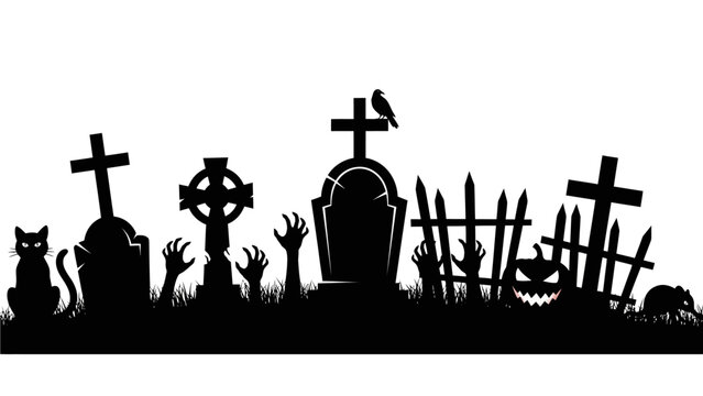 Spooky Halloween Silhouette of a Graveyard with Zombies and a Jack-o'-lantern Under the Moonlight