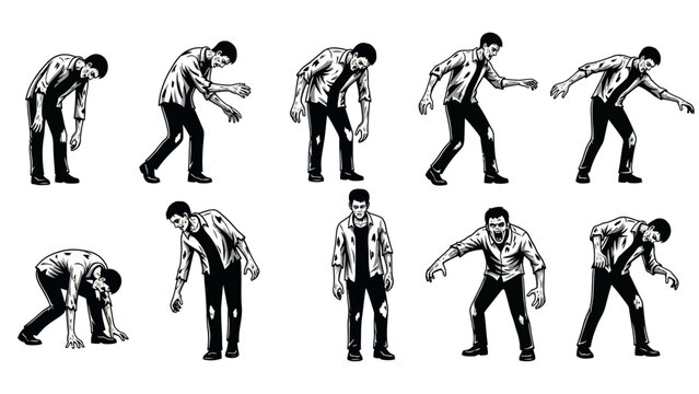 A compelling assortment of undead figures in various stages of menacing movement, ideal for depicting the relentless terror of an apocalyptic scenario or horror-themed concepts