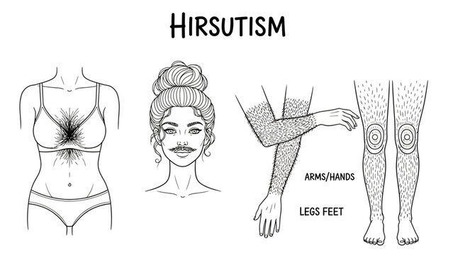 Medical illustration set depicting female bodies with abnormal and excessive hair growth across chest, face, and limbs, representing a common endocrine condition