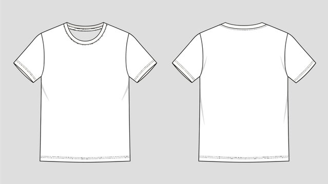 Vector outline of a blank white short sleeve t-shirt template with clear front and back views, perfect for apparel design mockups and custom clothing projects