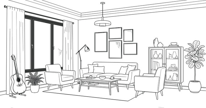 Modern eclectic living room perspective featuring a five-piece gallery wall, acoustic guitar, and mid-century display cabinet.