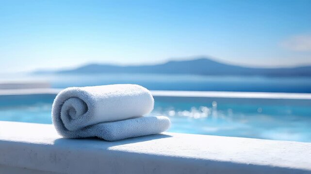 Therapy stress release treatment, health lifestyle. A white towel neatly folded and placed on a ledge beside a swimming pool, with a blurred background suggesting a tranquil atmosphere.