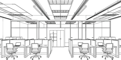 Fototapeta premium Modern open-plan office featuring modular cubicle workstations, ergonomic chairs, and glass-partitioned private offices in a symmetrical perspective.