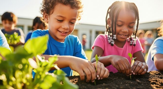 Happy diverse children planting green seedlings in the dirt. Cute kids gardening outdoors in kindergarten backyard. Ecology and education concept