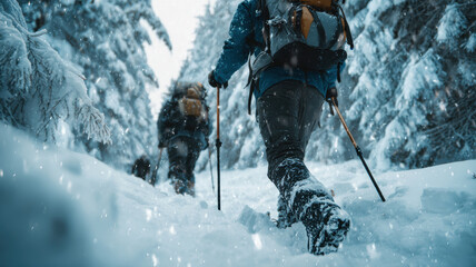 Winter season adventure exploration. Two mountaineers trekking through a snowcovered forest, each equipped with trekking poles and backpacks. The trees are blanketed in a thick layer of snow.