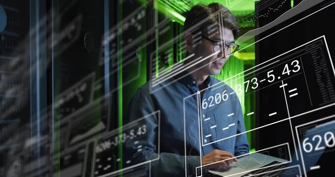 IT technician typing on laptop and causing data overlays over torso for checking data center racks