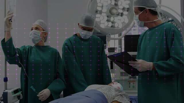 OR team after monitor alert, adjusting IV, reviewing chart, surgery prep, pink ECG sweeping patient