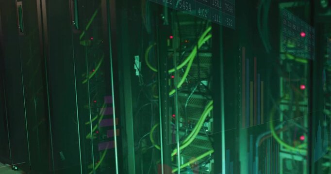 Camera panning showing server bay in green aisle, neon cables and blinking red LEDs showing data