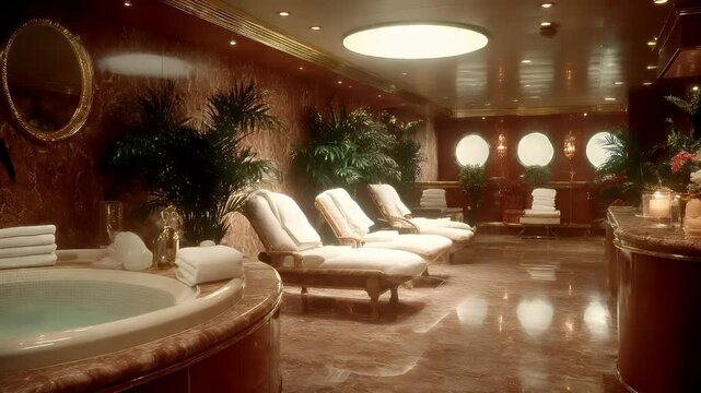 Therapy stress release treatment, health lifestyle. A luxurious spa room with a large jacuzzi tub surrounded by plush chairs, towels, and potted plants. The walls are adorned with mirrors and lights.
