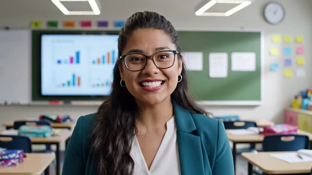 A woman in a classroom with a green blazer and glasses