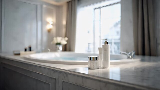 Therapy stress release treatment, health lifestyle. A luxurious bathroom with a marble countertop, a bathtub, a tap, a bottle, and other objects. The background is slightly blurred.
