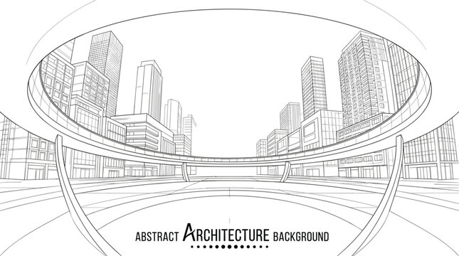 Professional architectural wireframe of a metropolitan city plaza with fish-eye perspective and circular overhead frame background