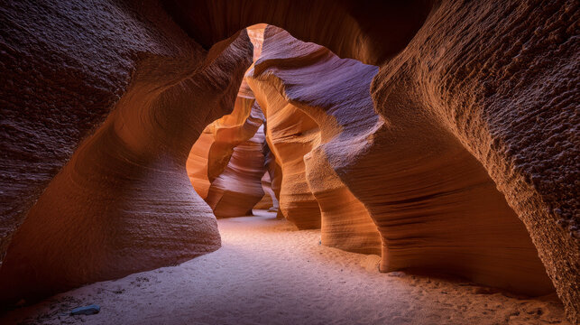 Sinuous slot canyon walls of layered sandstone glowing in warm ochre and sienna under faint starlight, flowing curves and ultra fine striations.