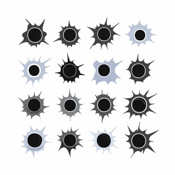 Zbi&oacute;r realistycznych ikon dziur po kulach z efektem wybicia i postrzępionymi krawędziami na białym tle.