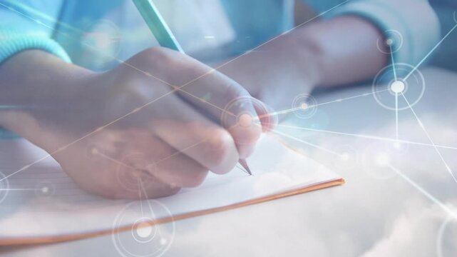 Right hand holding pencil near paper, starting network aligning with tip, drawing to show tracking