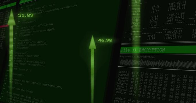 Security dashboard shifting right, showing code hexdump while encryption starting, arrows rising