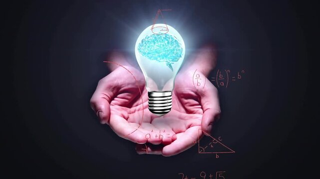 Cupped hands holding bulb with brain while red strokes drawing math notes for education visuals