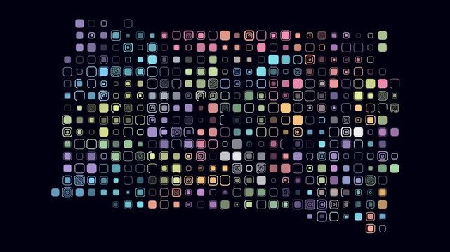 South Dakota animation. Shape of the state with pulsating colored dots. Large size rounded square blocks. Digital style map on dark background. Simple video.