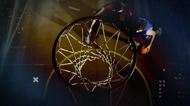 Vertical video: Ball carrier driving to hoop in sports, animated arc tracking contested scoring try