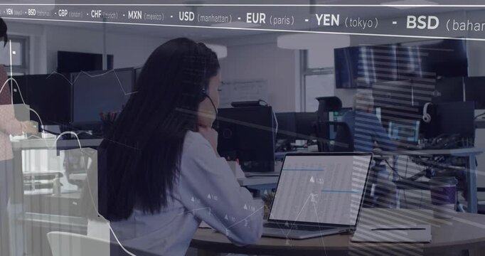 Seated woman monitoring sheet for trades on market update, lifting cup while ticker charts growing