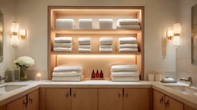 Therapy stress release treatment, health lifestyle. A bathroom with two sinks, a shelf filled with neatly folded towels, a vase of flowers, a candle, and other objects on the platform.